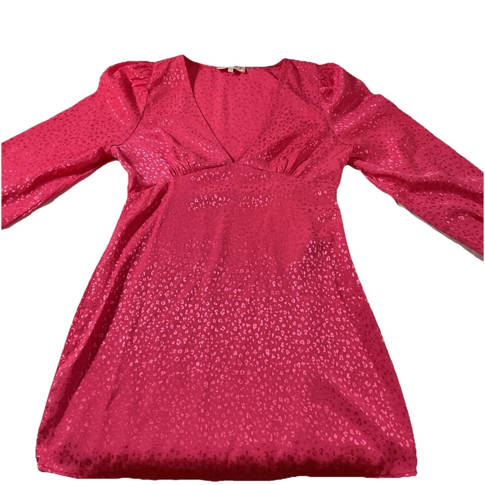 ONLY Hot Pink V-neck Leopard Metallic Empire Waist Silky Short Dress‎ Sz S J55